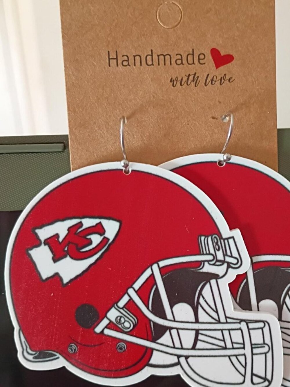 Red and While Extra Large Kansas City Chiefs Football Helmet Statement Earrings